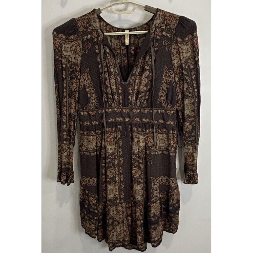 Free People Floral Print Dress Peasant Boho Long Sleeve Ruffle Hem Wrist XS